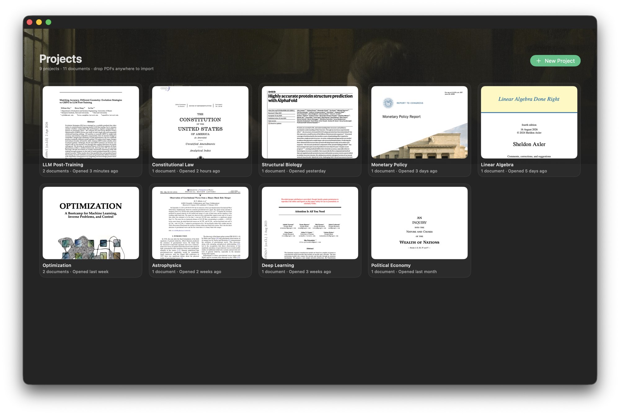 The project hub: every project as a card wearing its document's title page